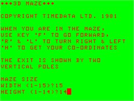 Title screen of 3D Maze on the Acorn Atom.
