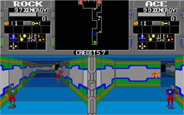 In game image of Xybots on the Atari ST.