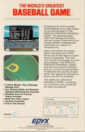 Box back cover for The World's Greatest Baseball Game on the Commodore 64.