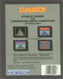 Box back cover for Eliminator on the Commodore Amiga.