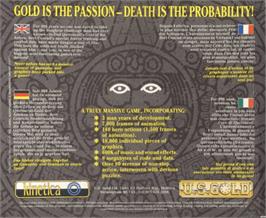 Box back cover for Gold of the Aztecs on the Commodore Amiga.