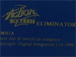Top of cartridge artwork for Eliminator on the Commodore Amiga.