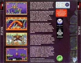 Box back cover for Misadventures of Flink on the Commodore Amiga CD32.