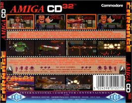 Box back cover for Total Carnage on the Commodore Amiga CD32.