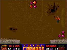 In game image of Total Carnage on the Commodore Amiga CD32.