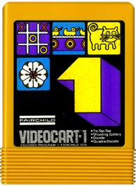 Cartridge artwork for Tic-Tac-Toe, Shooting Gallery, Doodle, & Quadra-Doodle on the Fairchild Channel F.