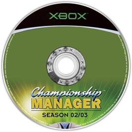 Artwork on the CD for Championship Manager: Season 02/03 on the Microsoft Xbox.