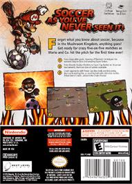 Box back cover for Super Mario Strikers on the Nintendo GameCube.