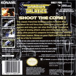 Box back cover for Gradius Galaxies on the Nintendo Game Boy Advance.