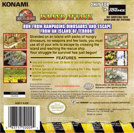 Box back cover for Jurassic Park III: Island Attack on the Nintendo Game Boy Advance.