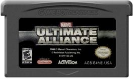Cartridge artwork for Marvel Ultimate Alliance on the Nintendo Game Boy Advance.