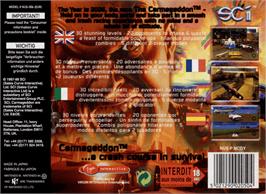 Box back cover for Carmageddon 64 on the Nintendo N64.