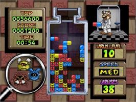 In game image of Dr. Mario 64 on the Nintendo N64.