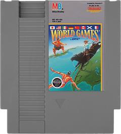 Cartridge artwork for World Games on the Nintendo NES.