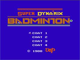 Title screen of Super Dyna'mix Badminton on the Nintendo NES.