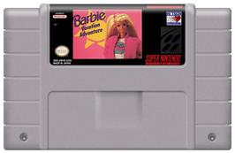 Cartridge artwork for Barbie Vacation Adventure on the Nintendo SNES.
