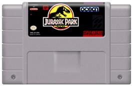 Cartridge artwork for Jurassic Park on the Nintendo SNES.