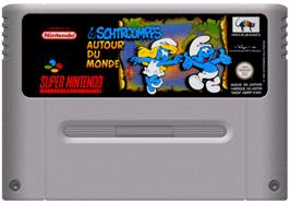 Cartridge artwork for The Smurfs Travel the World on the Nintendo SNES.