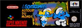 Top of cartridge artwork for The Smurfs Travel the World on the Nintendo SNES.