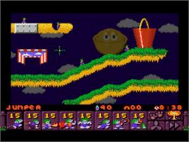 In game image of Lemmings 2: The Tribes on the Nintendo SNES.