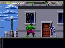 In game image of The Incredible Hulk on the Nintendo SNES.