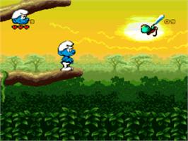 In game image of The Smurfs Travel the World on the Nintendo SNES.