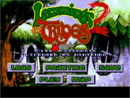 Title screen of Lemmings 2: The Tribes on the Nintendo SNES.