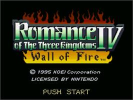 Title screen of Romance of the Three Kingdoms IV: Wall of Fire on the Nintendo SNES.