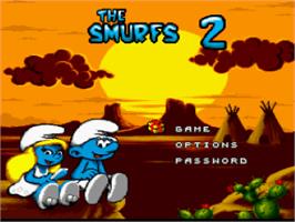 Title screen of The Smurfs Travel the World on the Nintendo SNES.