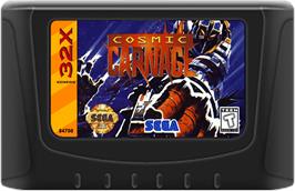 Cartridge artwork for Cosmic Carnage on the Sega 32X.