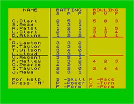 In game image of Cricket Captain on the Sinclair ZX Spectrum.