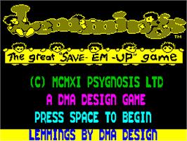 Title screen of Lemmings on the Sinclair ZX Spectrum.