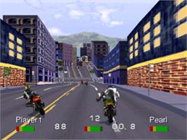 In game image of Road Rash: Jailbreak on the Sony Playstation.