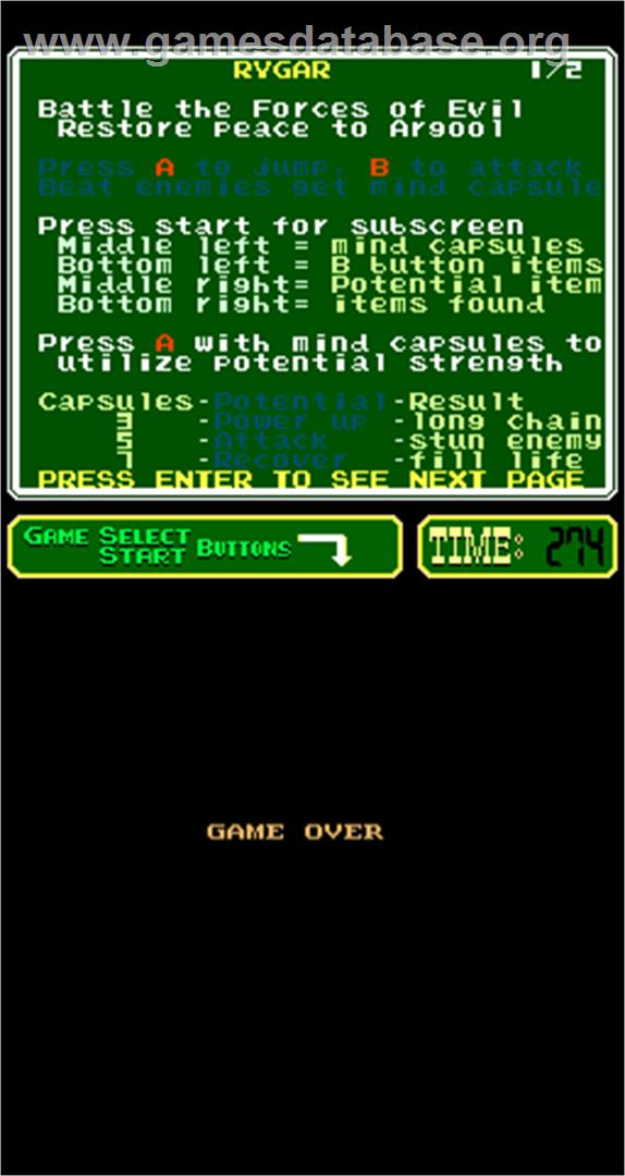 Rygar - Arcade - Artwork - Game Over Screen