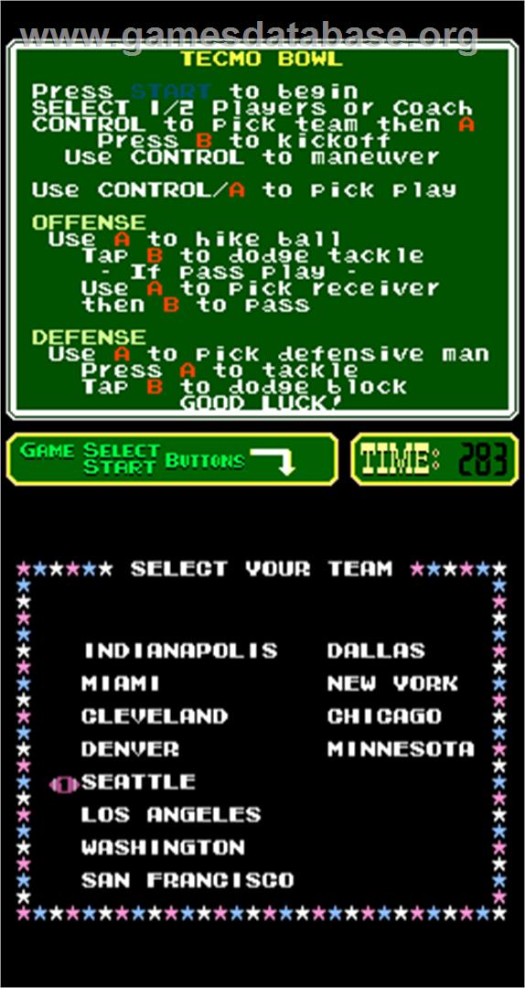 Tecmo Bowl - Arcade - Artwork - Select Screen