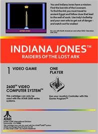 Box back cover for Raiders of the Lost Ark on the Atari 2600.