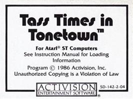 Top of cartridge artwork for Tass Times in Tonetown on the Atari ST.