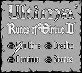Title screen of Ultima: Runes of Virtue 2 on the Nintendo Game Boy.