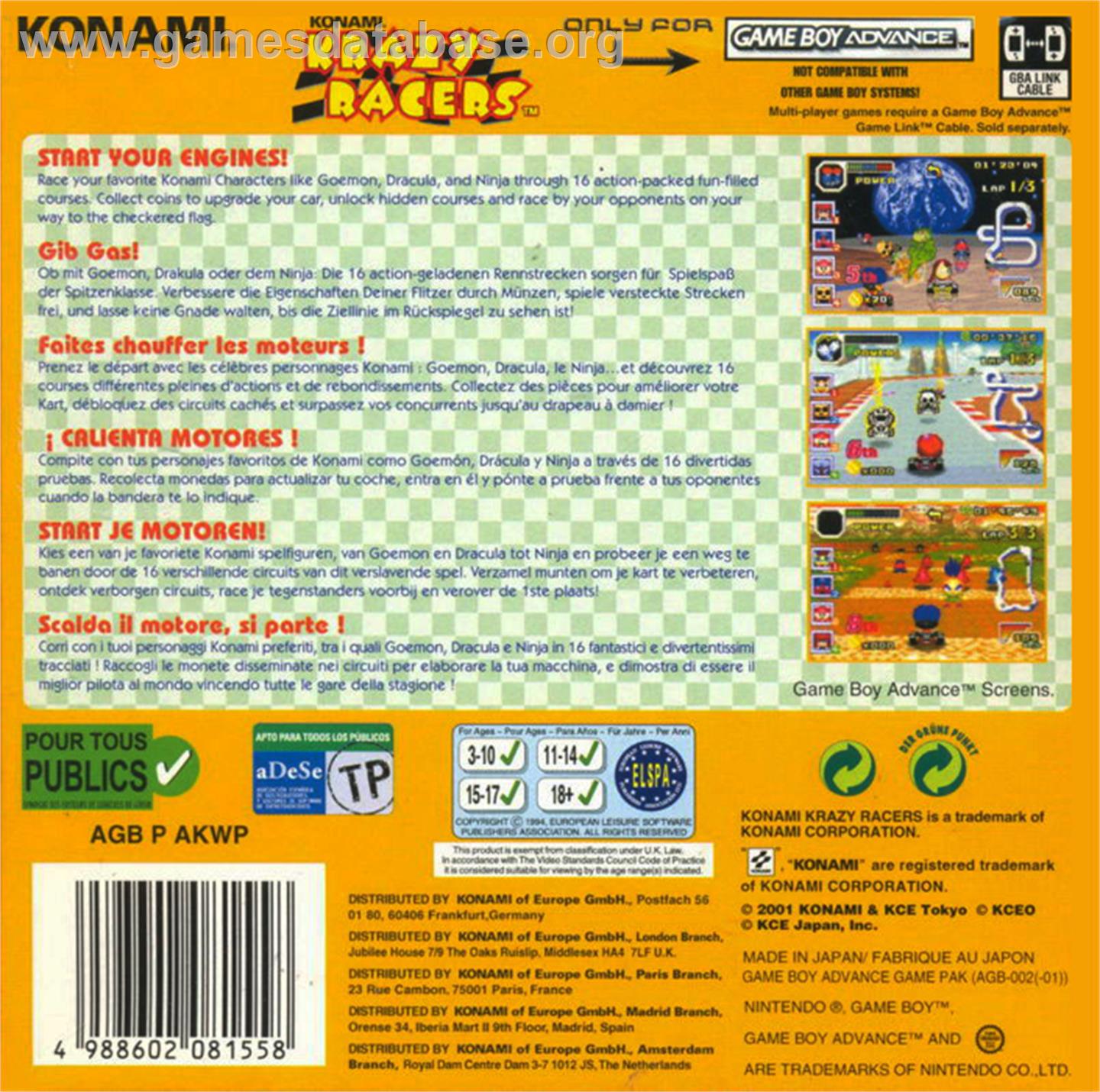 Konami Krazy Racers - Nintendo Game Boy Advance - Artwork - Box Back