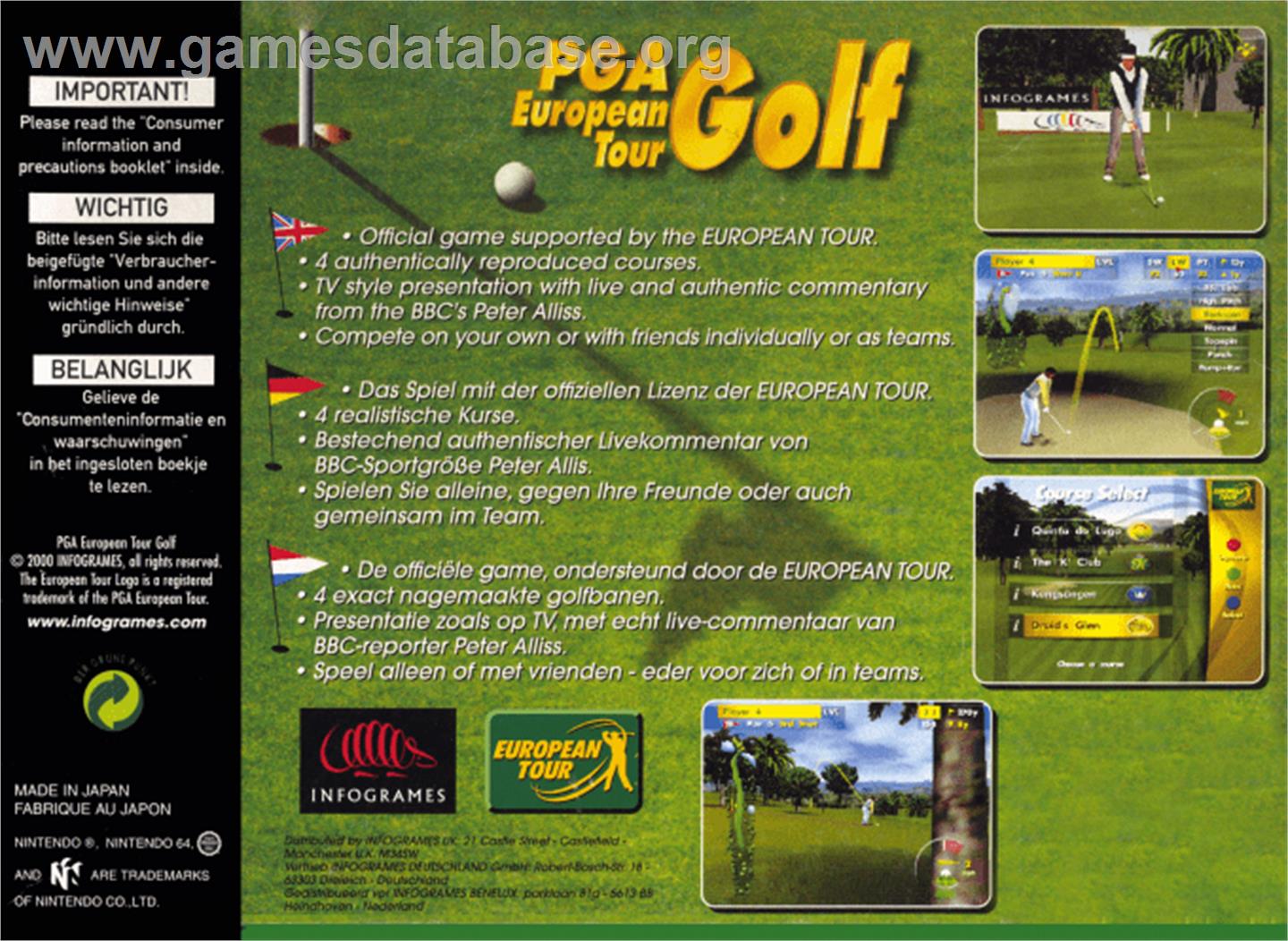 PGA Golf European Tour - Nintendo N64 - Artwork - Box Back