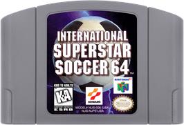 Cartridge artwork for International Superstar Soccer 64 on the Nintendo N64.