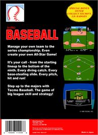 Box back cover for Tecmo Baseball on the Nintendo NES.