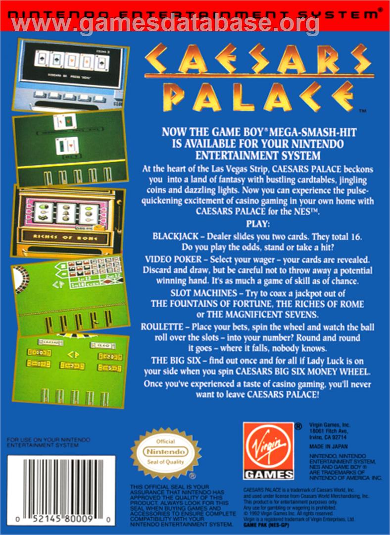 Caesar's Palace - Nintendo NES - Artwork - Box Back