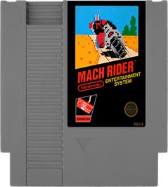 Cartridge artwork for Mach Rider on the Nintendo NES.