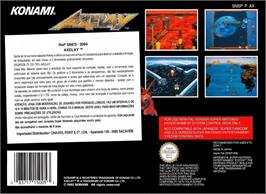 Box back cover for Axelay on the Nintendo SNES.