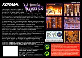 Box back cover for Castlevania: Vampire's Kiss on the Nintendo SNES.