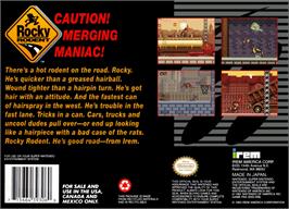 Box back cover for Rocky Rodent on the Nintendo SNES.