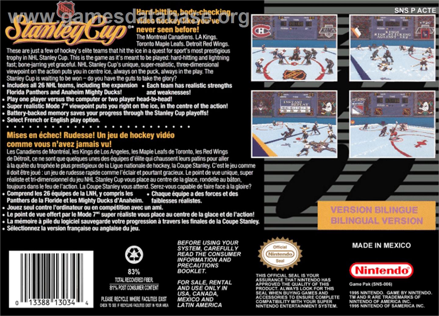 NHL Stanley Cup - Nintendo SNES - Artwork - Box Back