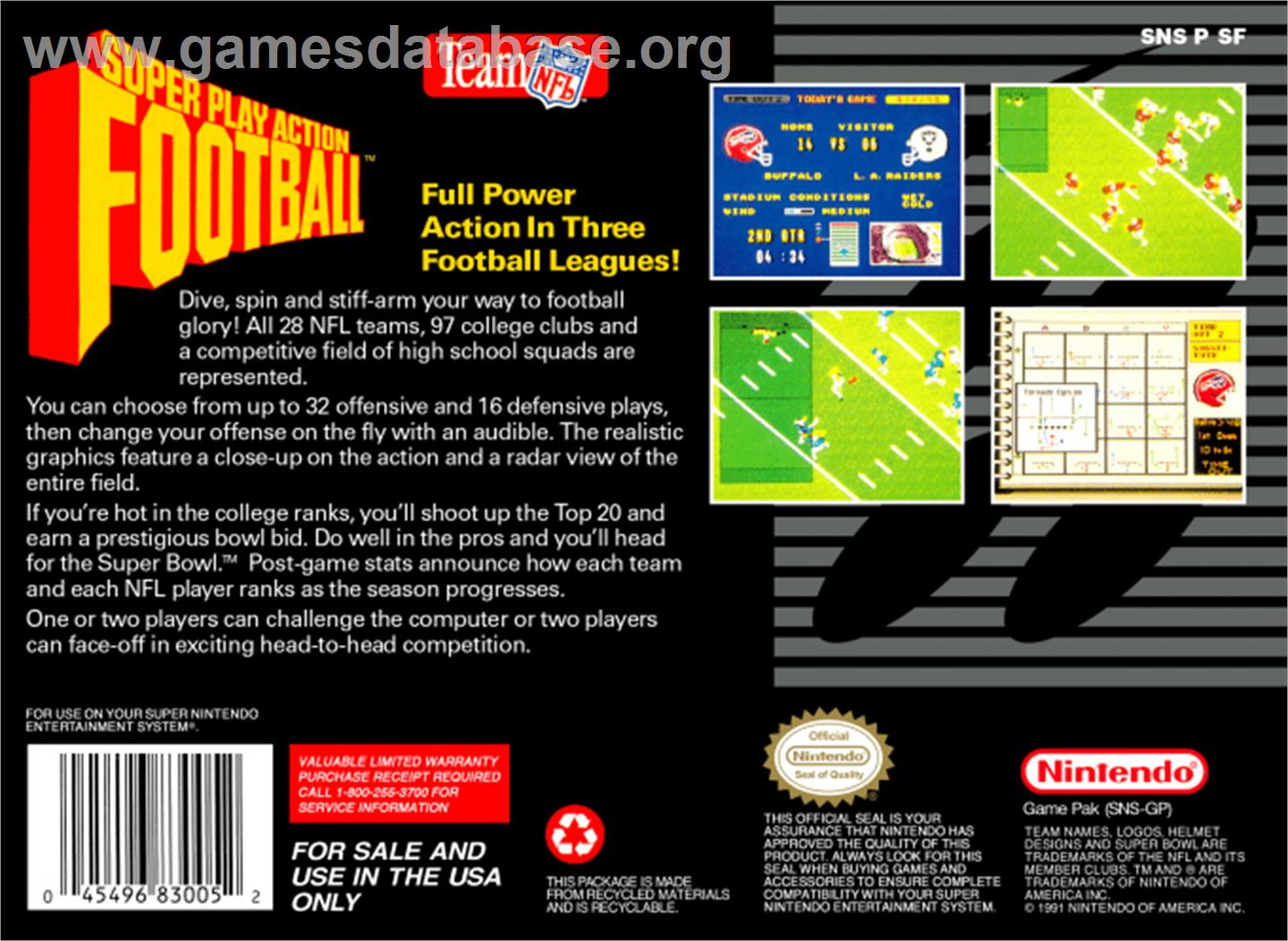 Super Play Action Football - Nintendo SNES - Artwork - Box Back