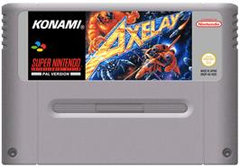 Cartridge artwork for Axelay on the Nintendo SNES.